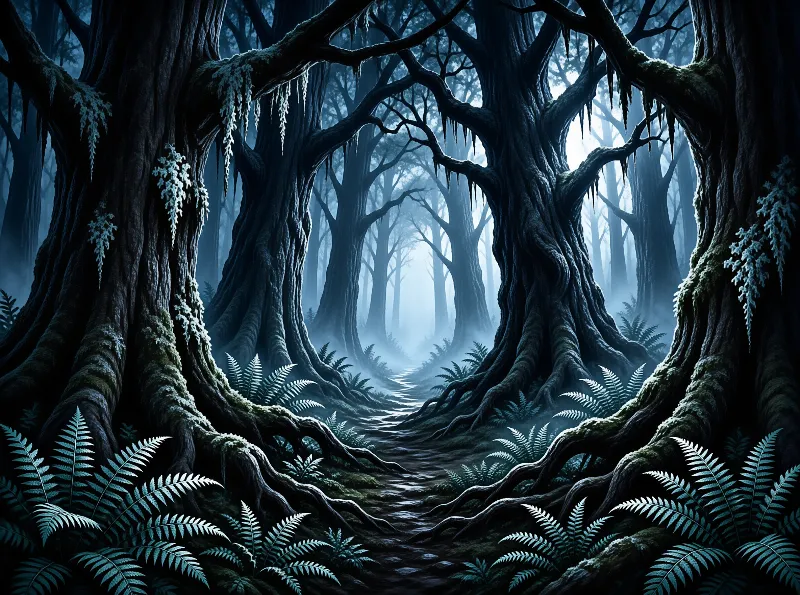 Giant dark oaks with hanging moss and fern clusters frame a narrow trail that fades into cool blue forest mist
