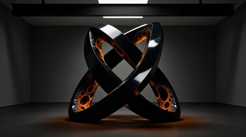 Interlocking black ribbons form a sculpture in a dim room revealing orange cellular patterns inside.