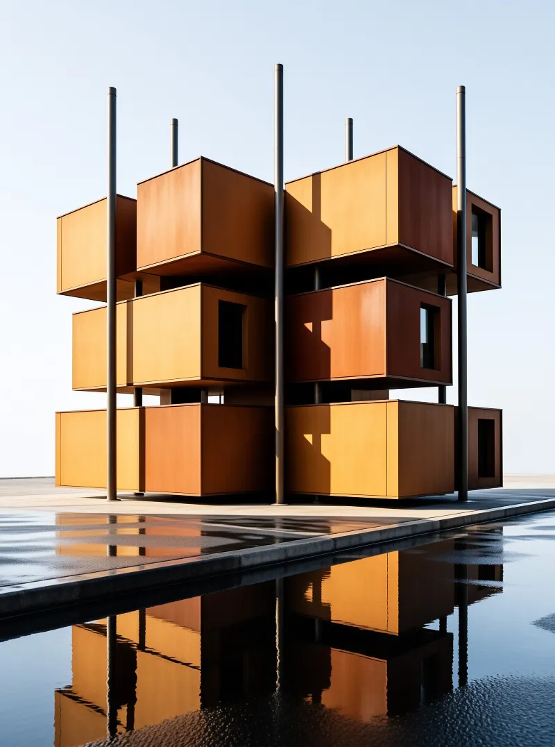 Cantilevered orange boxes with dark windows rise on slim poles beside a mirror-still pool.