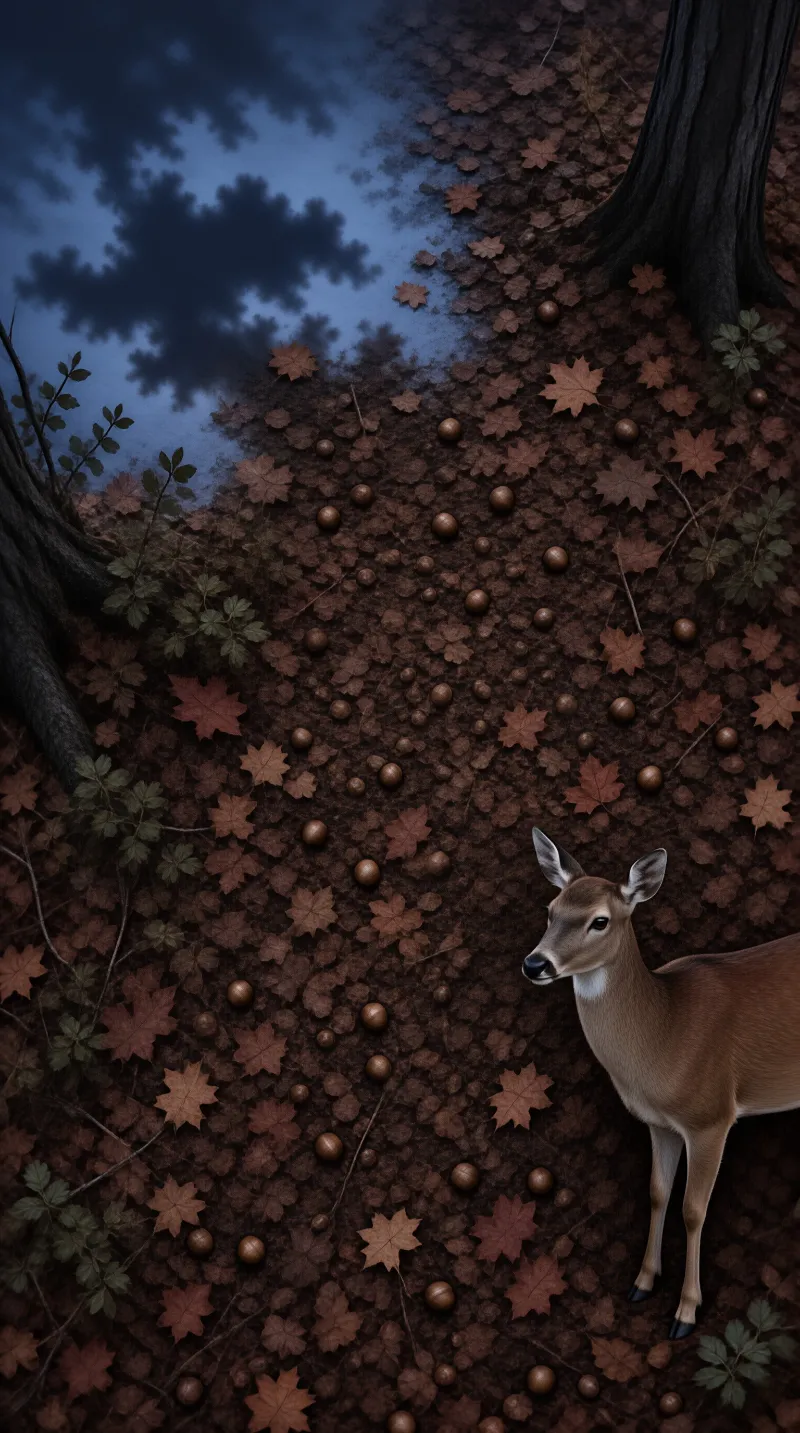 A white-tailed deer stands among scattered leaves and acorns in a dark forest with a rotated perspective.