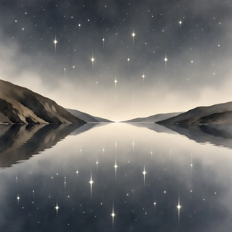A calm body of water mirrors the dark sky and bright stars between distant mountains under a glowing horizon.