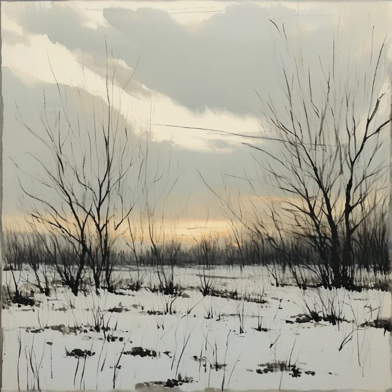 Leafless trees stand on snow covered marsh with soft sunset light glowing behind the distant treeline under overcast skies.