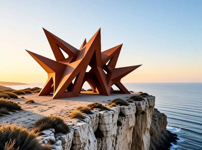 Large rust-colored geometric sculpture resembling intersecting stars rests on a sandy coastal cliff overlooking the ocean during warm golden hour light.