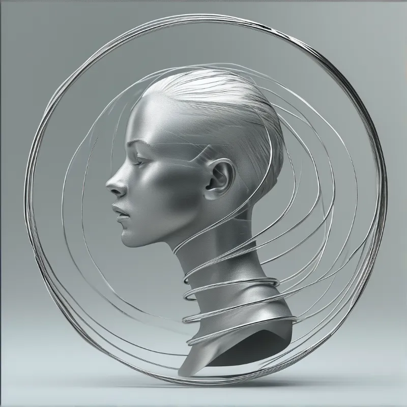A grayscale profile of a female head surrounded by concentric metallic rings spiraling around the neck in soft studio lighting.