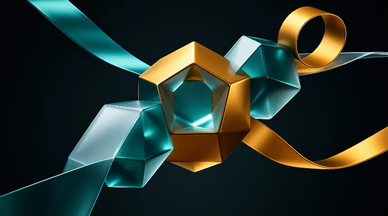A metallic hexagonal crystal wrapped in golden and teal ribbons floats against a dark background.