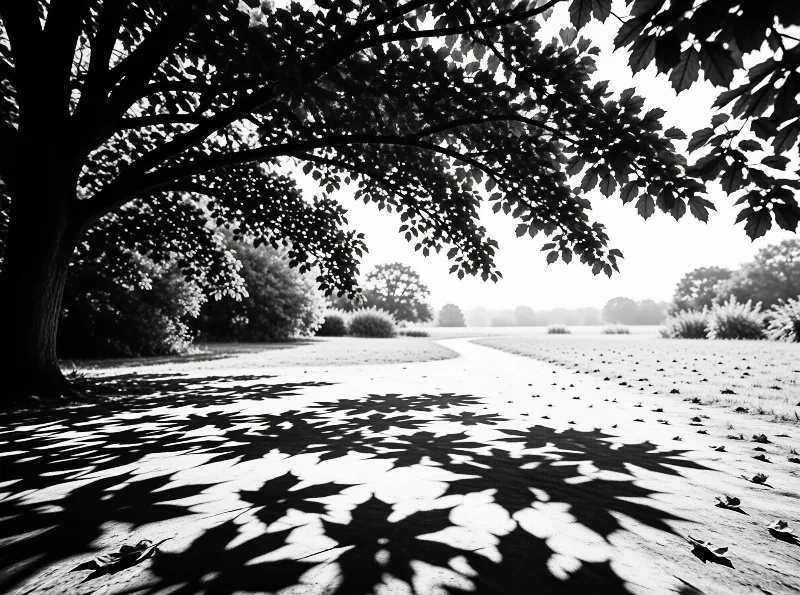 Dappled leaf shadows spread over a pale gravel walk beneath a broad tree in a foggy summer meadow.