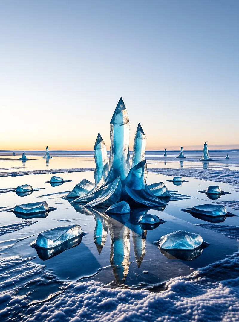 Large blue ice structures emerge from a snowy expanse with distant reflections under a gradient sky