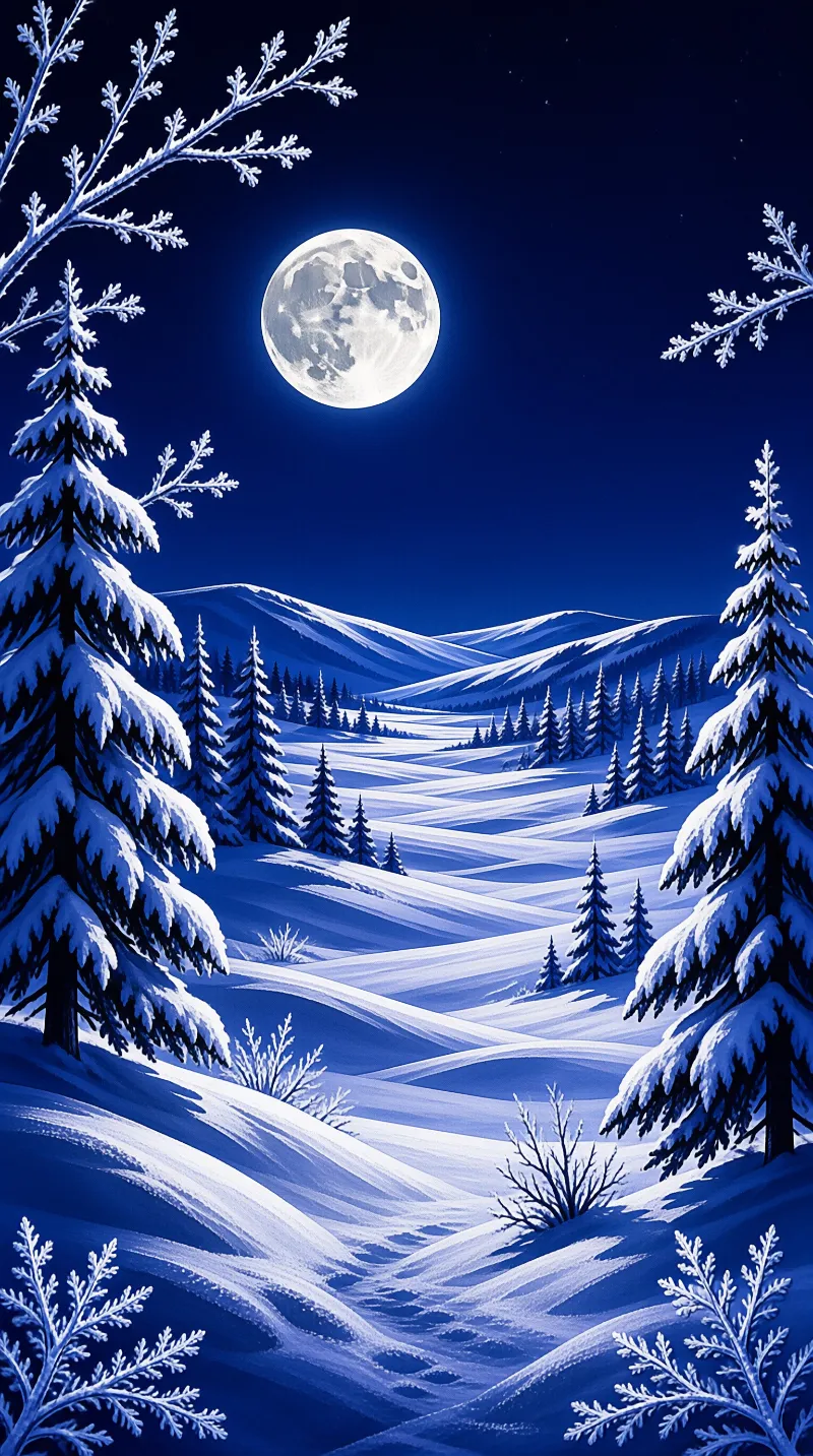 A large moon hangs above a tranquil landscape of snow-covered pine trees and rolling hills under a deep blue night sky.