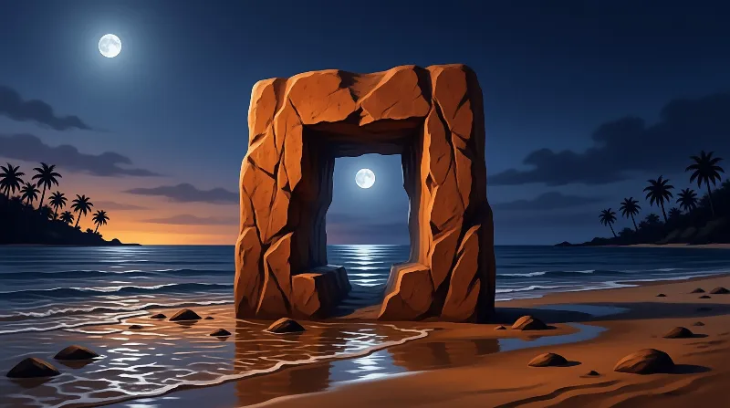 A massive reddish rock arch stands on a sandy beach at night, framing a bright moon while palm trees silhouette the horizon.