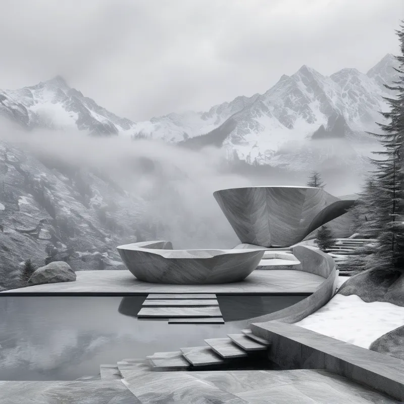 Large organic stone structures resembling giant bowls rest on a flat paved terrace surrounded by still water. Behind this modern architecture, steep snowy mountain peaks rise into a thick layer of low-hanging fog that obscures the valleys below. Dark evergreen trees stand on the right edge against the bright white snow