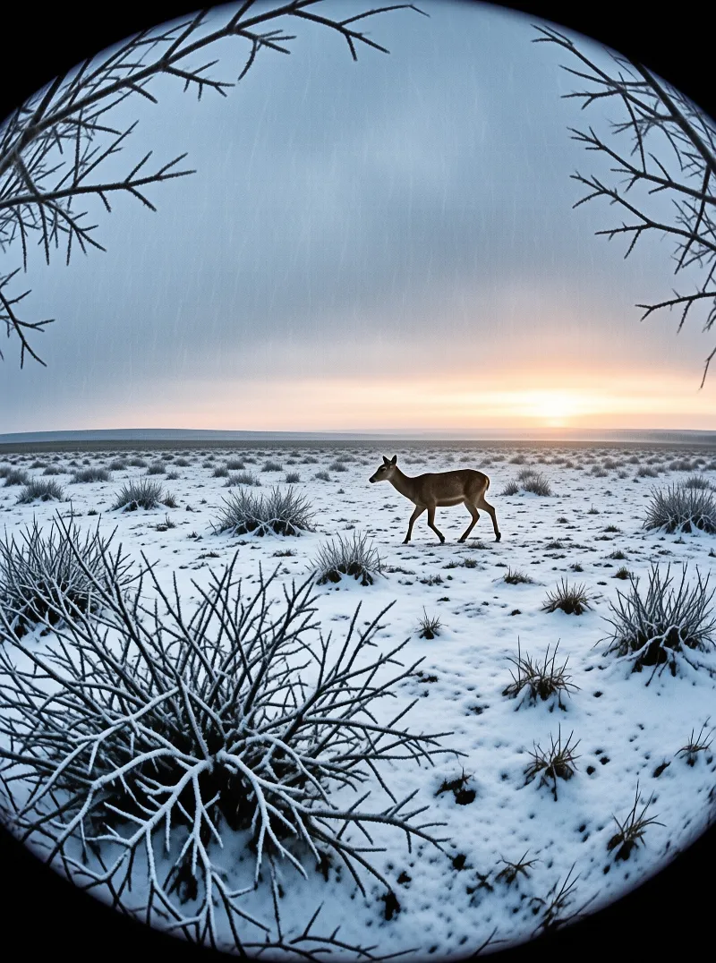 A single deer moves through a snow-covered grassland beneath a colorful horizon framed by bare branches.