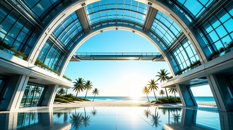 A massive white architectural arch frames a tropical beach view with palm trees and a bright ocean horizon, while a reflective foreground pool mirrors the blue sky and surrounding structures.