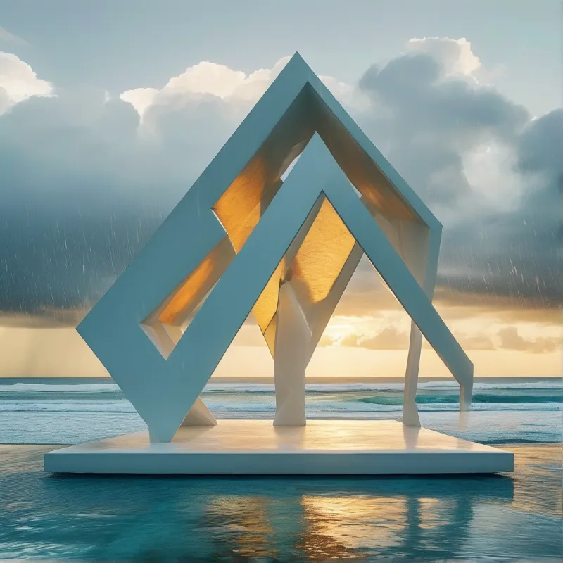 A white geometric structure stands on a platform in the ocean with warm light glowing from its interior.