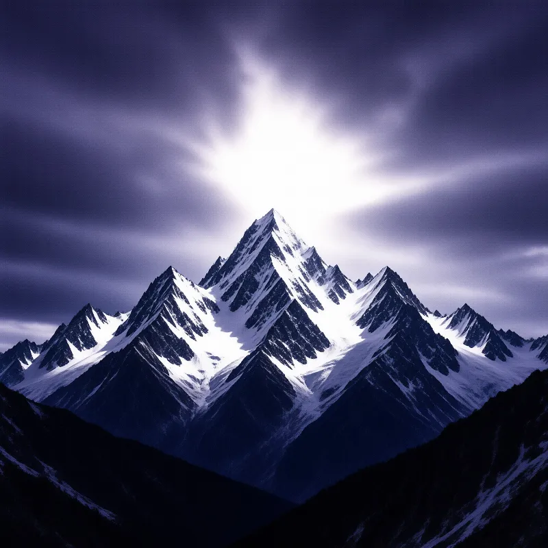 Snow capped jagged peaks sit below a dark purple clouded sky, bright sunlight glows behind the tallest summit.