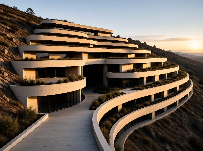 Modern building with curved green terraces on a rocky hillside, glowing in sunset light.