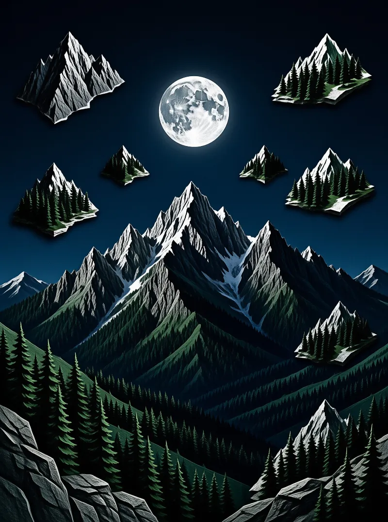 A surreal landscape features floating mountain peaks with pine trees beneath a large glowing moon in a dark blue sky.