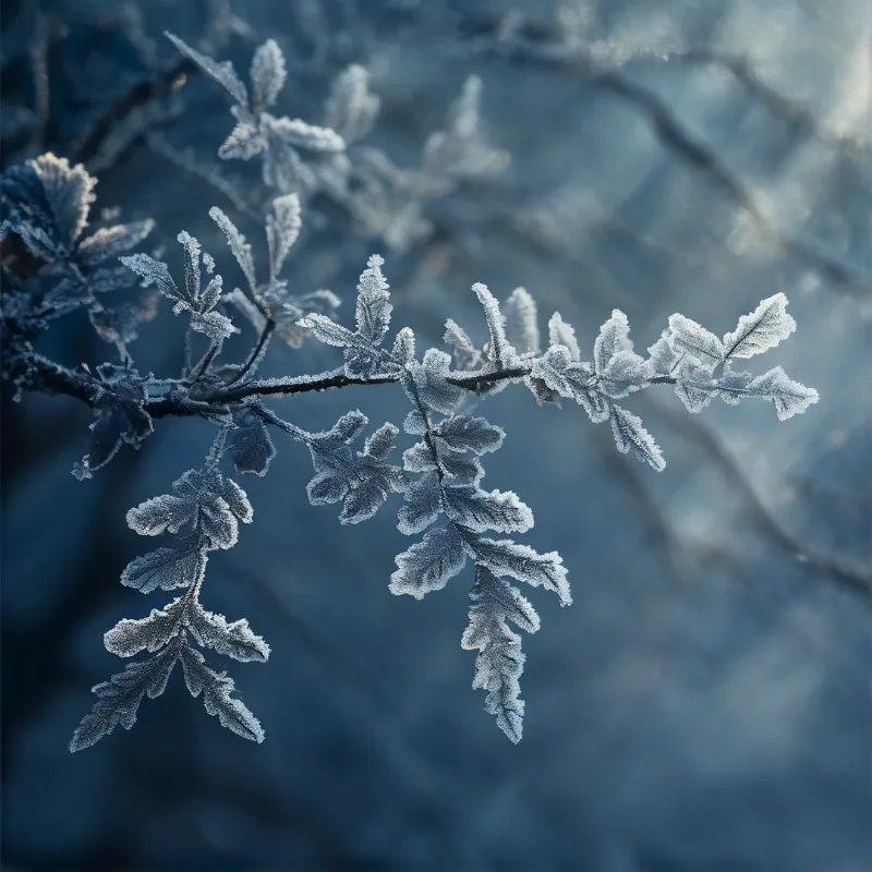 Close-up of frost-covered oak leaves on a dark branch against a soft blue winter backdrop.