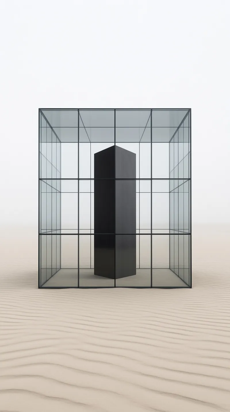 A transparent glass cube structure rests on rippled desert sand with a dark vertical pillar inside under a bright overcast sky
