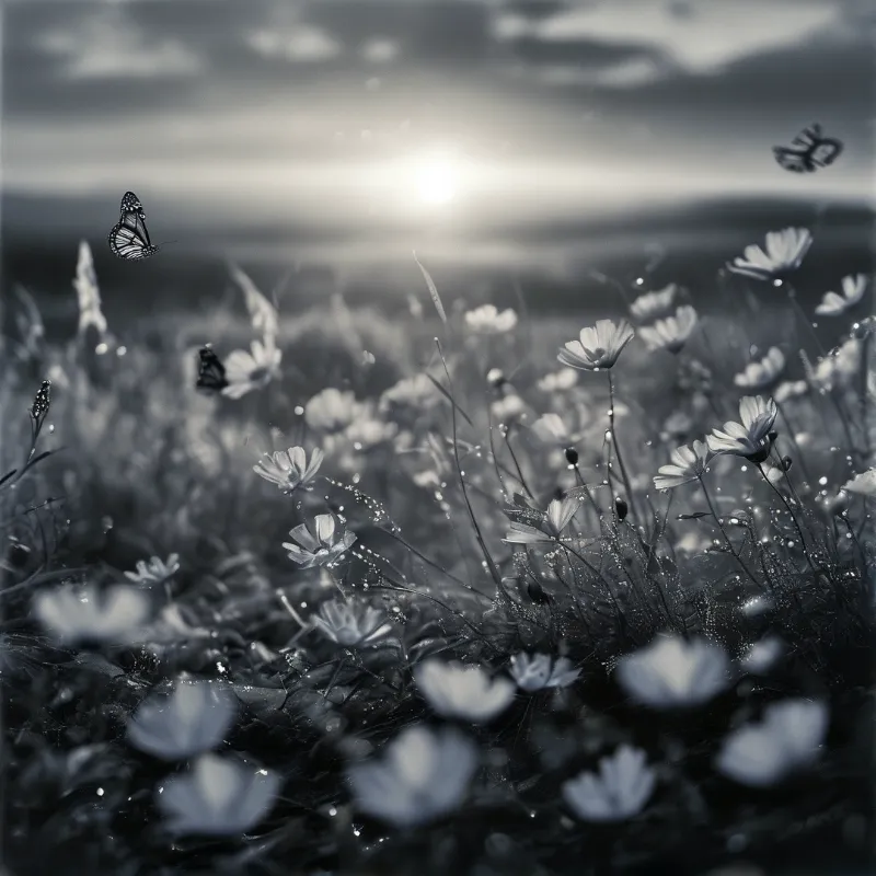 A monochrome view of wildflowers and butterflies in a field illuminated by strong backlighting and bokeh highlights.
