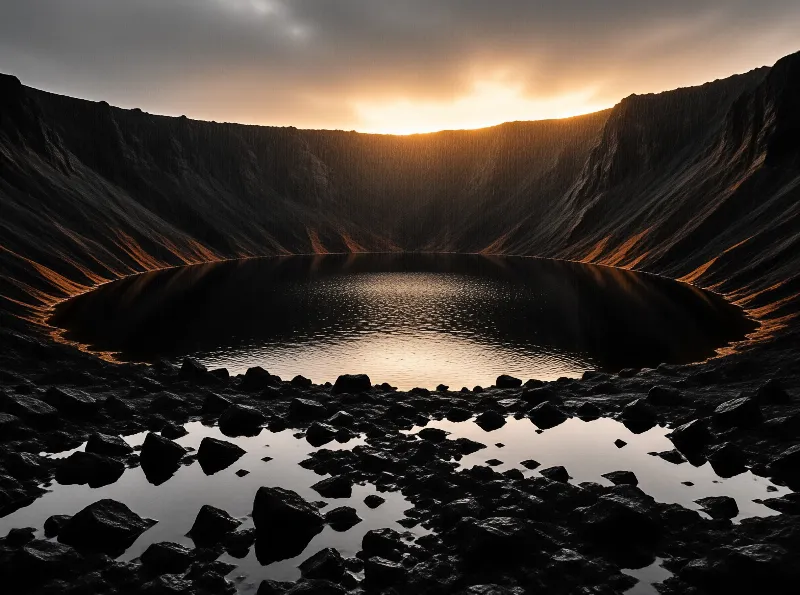 A still volcanic lake mirrors the warm glow of dusk beneath steep dark crater walls.
