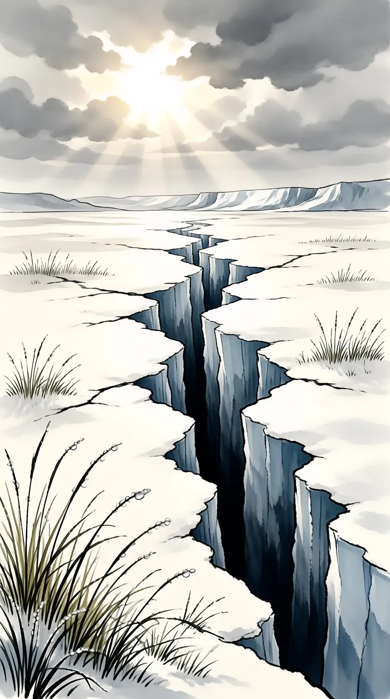 A deep crack splits a pale salt flat while sunbeams pierce heavy grey clouds in an ink wash scene