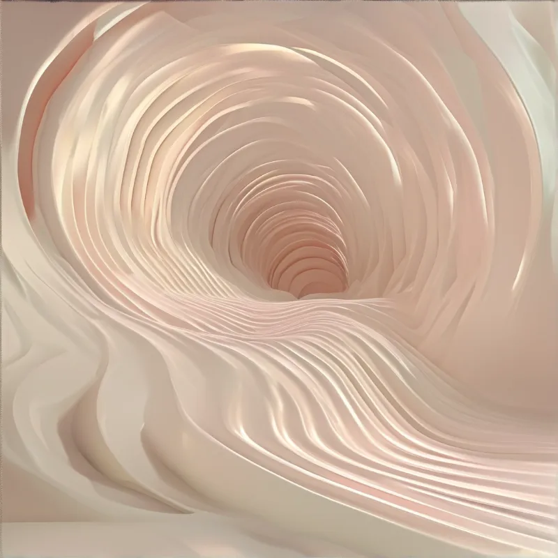 A soft warm pink sculpted spiral tunnel recedes inward, its smooth glossy undulating layered walls are evenly lit.