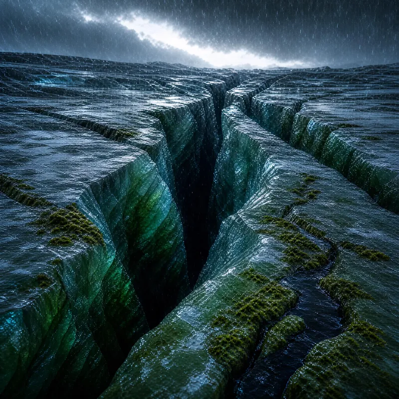 A landscape of cracked, moss-covered rock layers under a stormy sky with falling rain.