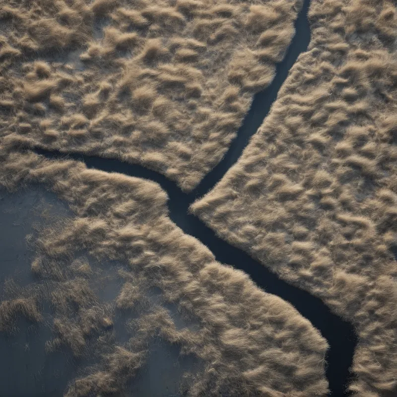 Aerial view of brown tufted grass patches divided by dark winding water channels in a wetland area.