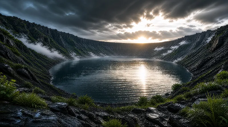 Volcanic Crater Lake at Sunset