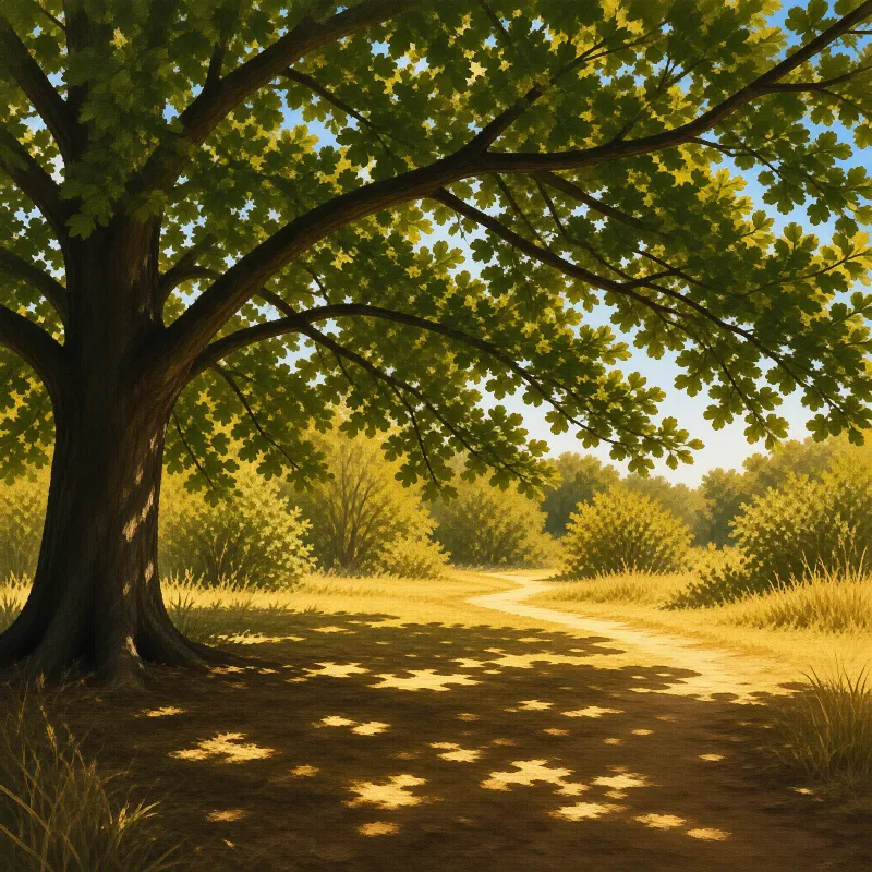 Large oak tree stands beside winding dirt path glowing with warm golden sunlight and dappled green shadows.