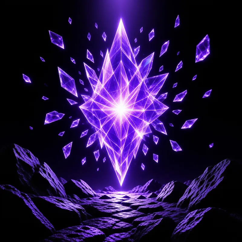 A luminous purple crystal hovers over a dark landscape of jagged rocks surrounded by floating shards.