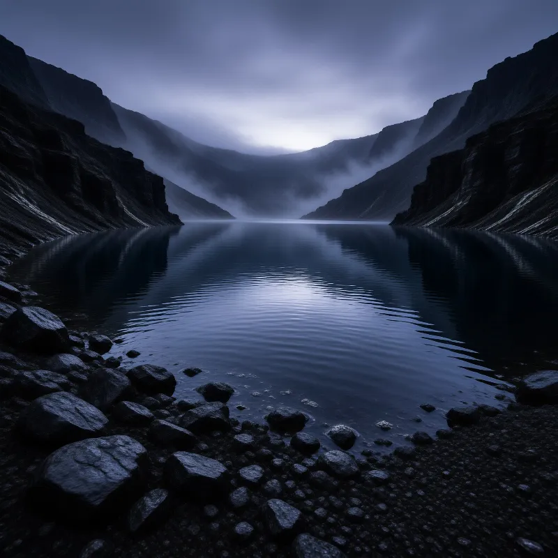 A calm dark lake sits between steep rocky cliffs under a cloudy sky with mist rising in the distance.