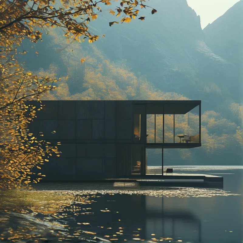 A dark modernist house with glass walls reflects on a calm lake beside golden autumn trees