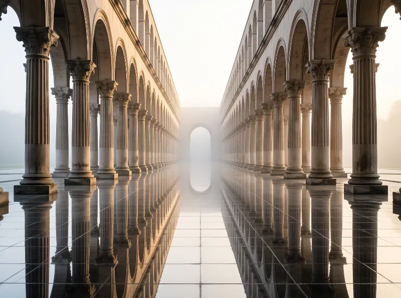 A long hallway of classical arches disappears into fog while polished floors mirror the structure.