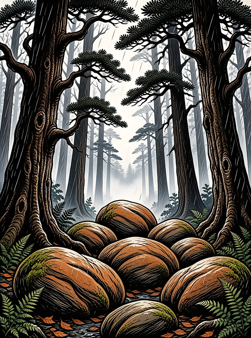 Enormous moss covered walnuts rest at the foot of towering pine trees in a foggy rainy dense forest illustration.