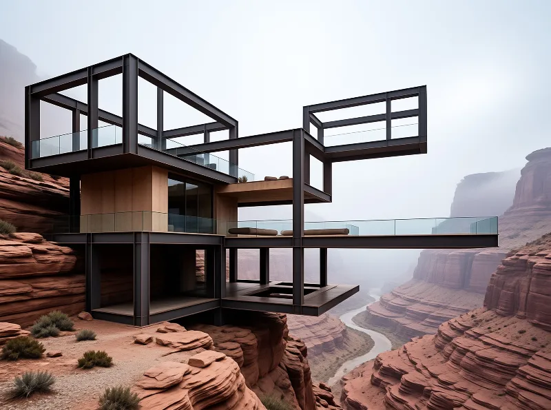 Open black steel frames and glass balconies project from a sandstone ledge above a winding river.