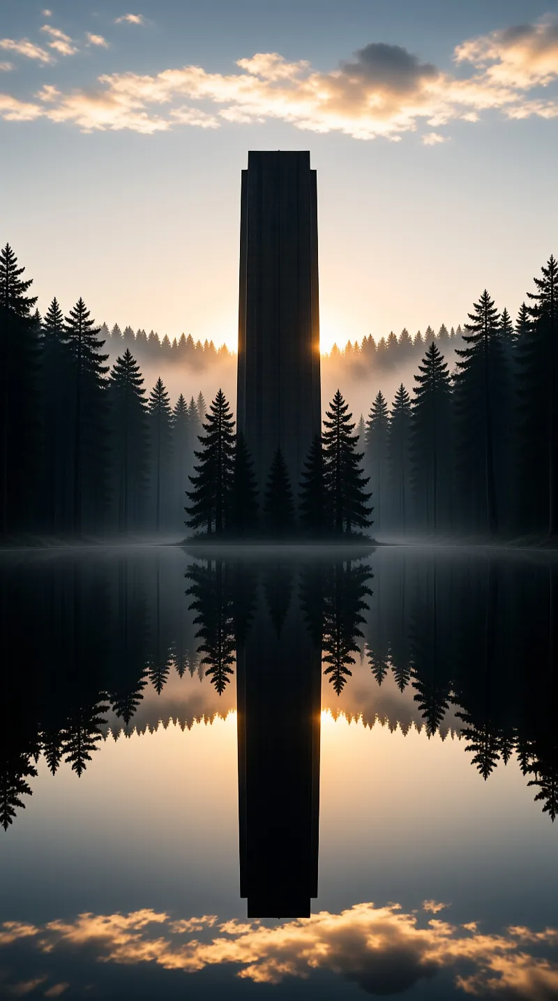 A tall dark structure rises from a misty forest, mirrored perfectly in the calm water below as the sun glows behind trees.