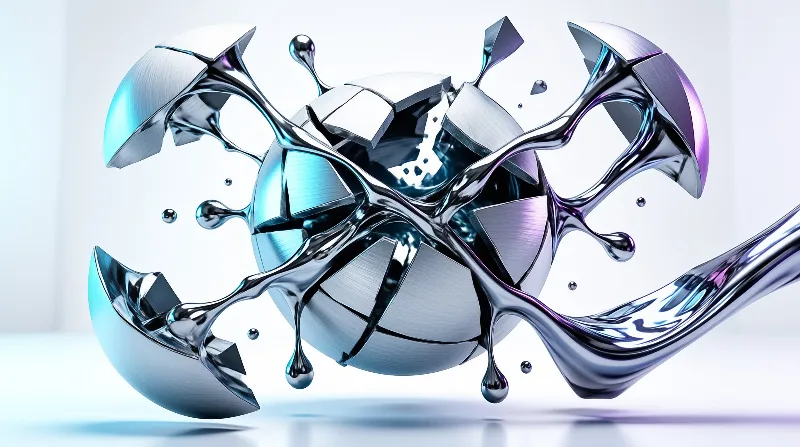 A metallic sphere explodes into fragments while silver liquid splashes outward against a bright white studio background.