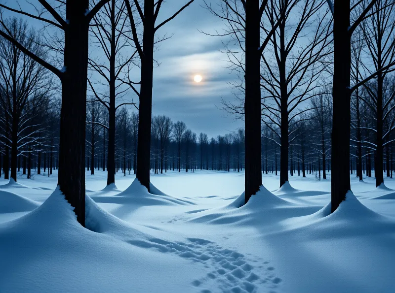 Bare dark trunks rise from deep blue snow under a soft winter moon, with a trail of footprints leading into the trees.