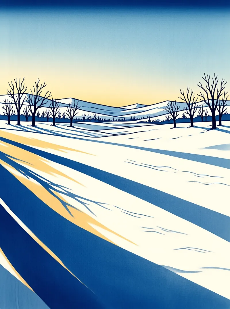 Illustration of a snowy road leading to mountains with bare trees casting long yellow shadows across the white ground.