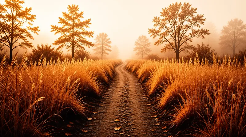 A narrow trail leads into a foggy landscape surrounded by tall dry vegetation and backlit trees.