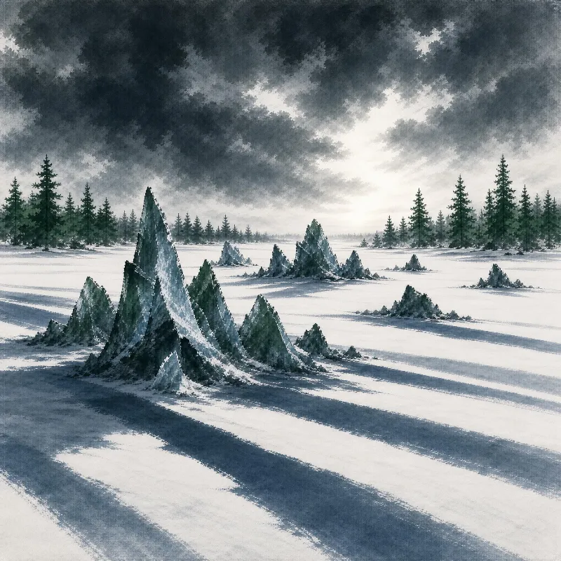 A watercolor painting of ice formations in a snowy field under dark clouds, with evergreen trees lining the horizon