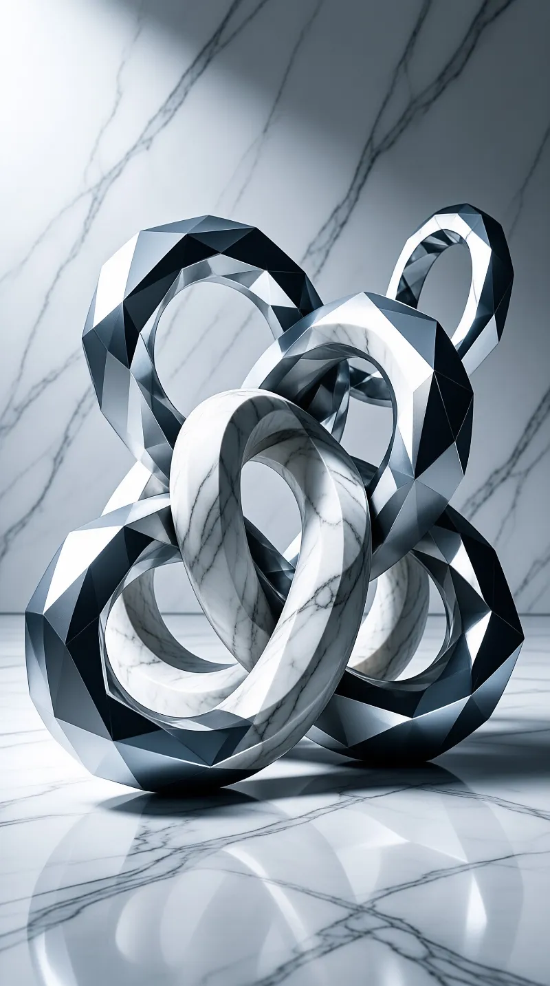 Faceted marble-textured rings interlock on a glossy white stone surface with soft directional lighting