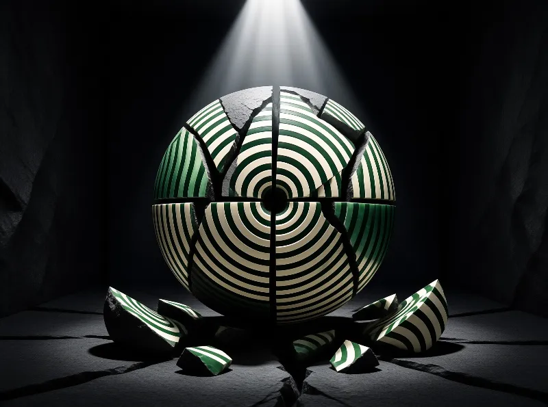 A shattered sphere with green and white stripes sits on dark stone under a spotlight.