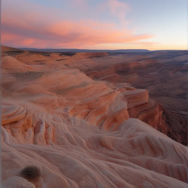 Ribbed pink and orange sandstone formations in the foreground lead to deep canyon mesas under a colorful dusk sky.