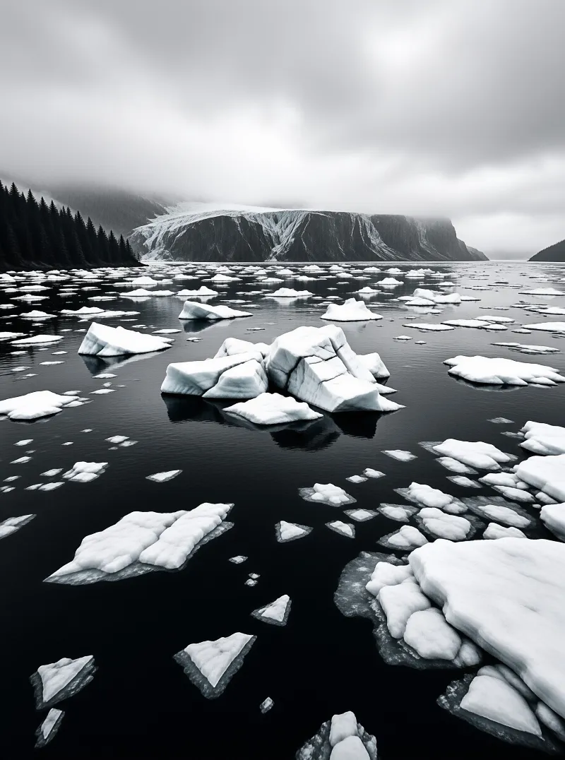 Numerous white ice chunks float on dark calm water with snow covered mountains rising in the background behind clouds.