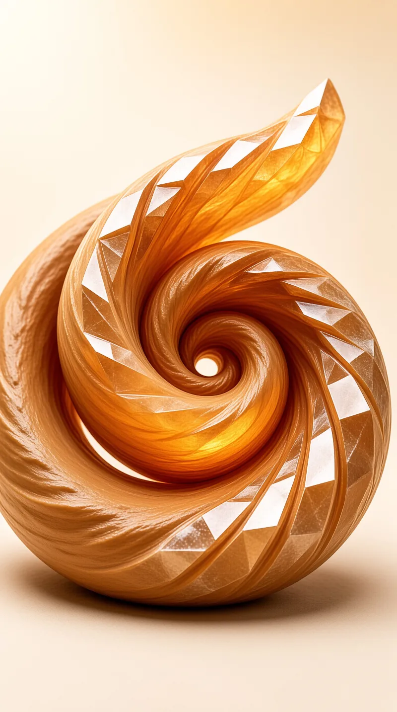 A glossy candy-colored spiral coils inward with geometric mother-of-pearl facets glinting along its curves.