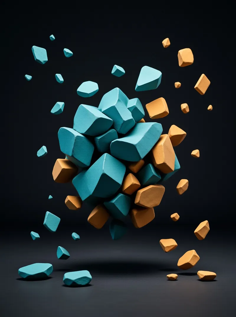 A cluster of blue and orange geometric shapes floats and scatters against a deep black background.