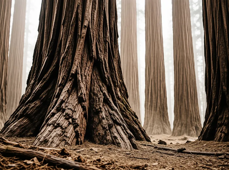 Giant sequoia trunks display rough bark texture while rising through a foggy forest landscape.