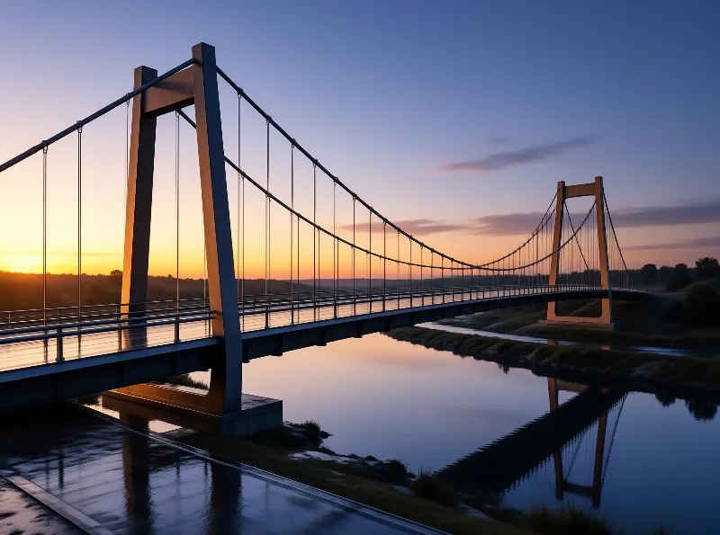 A long steel bridge crosses a still body of water reflecting the fading orange sky of the evening.